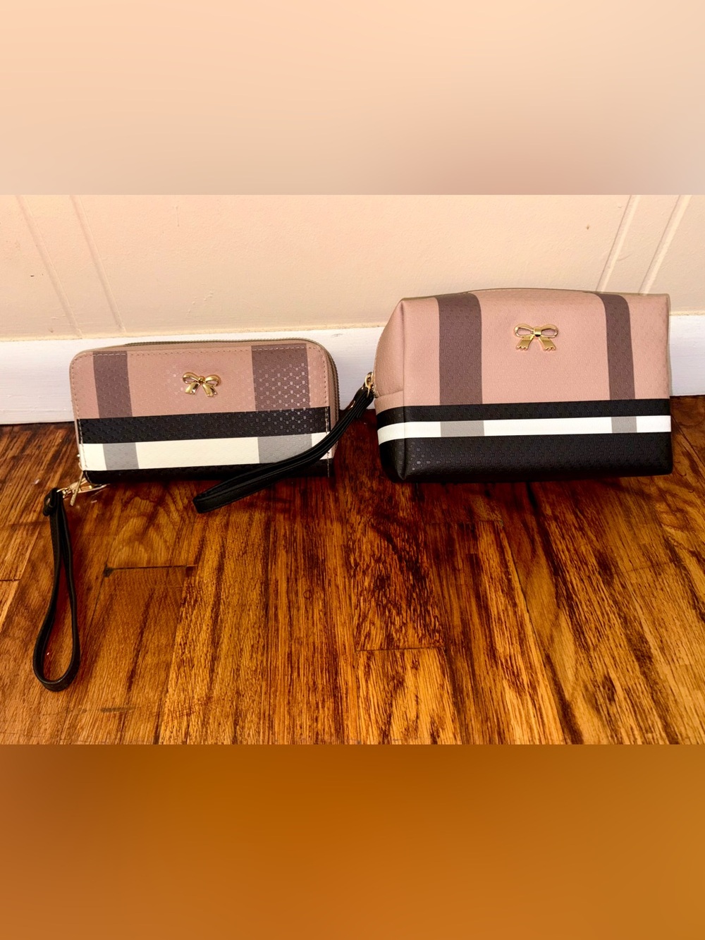 Striped Blush and Black Cosmetic Pouch and wallet